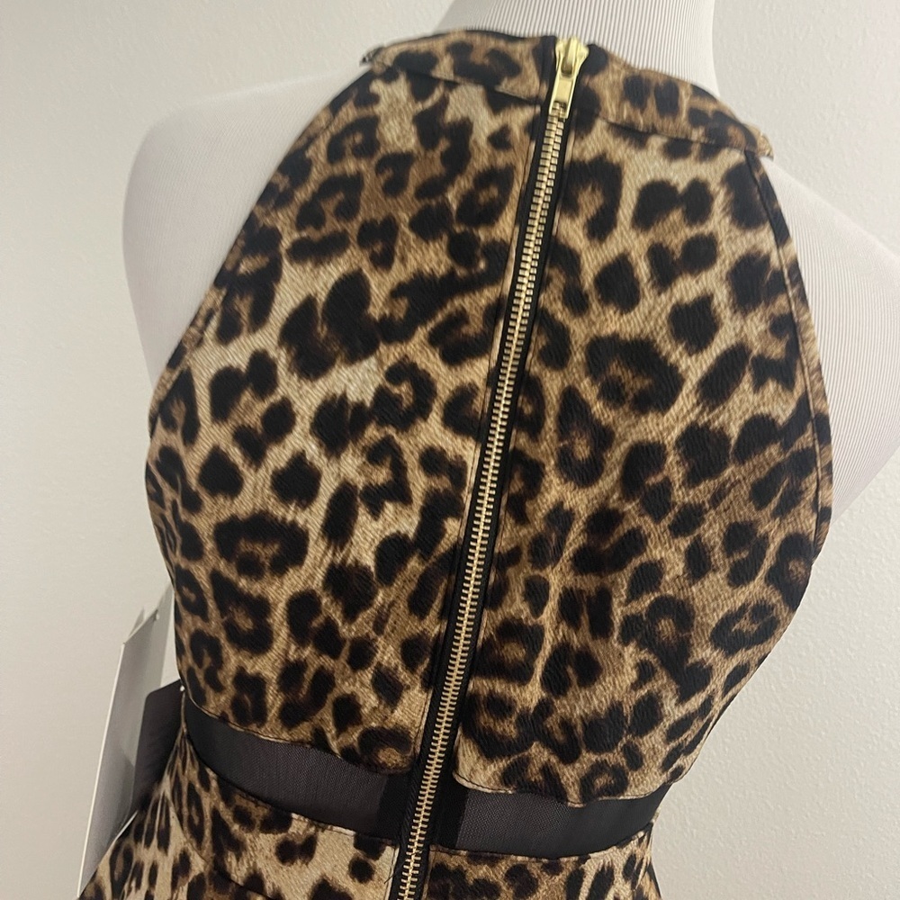 NORDSTROM LEOPARD PRINT BLACK MESH DETAIL FITTED STRECH A-LINE MINI DRESS - Picture 6 of 10
